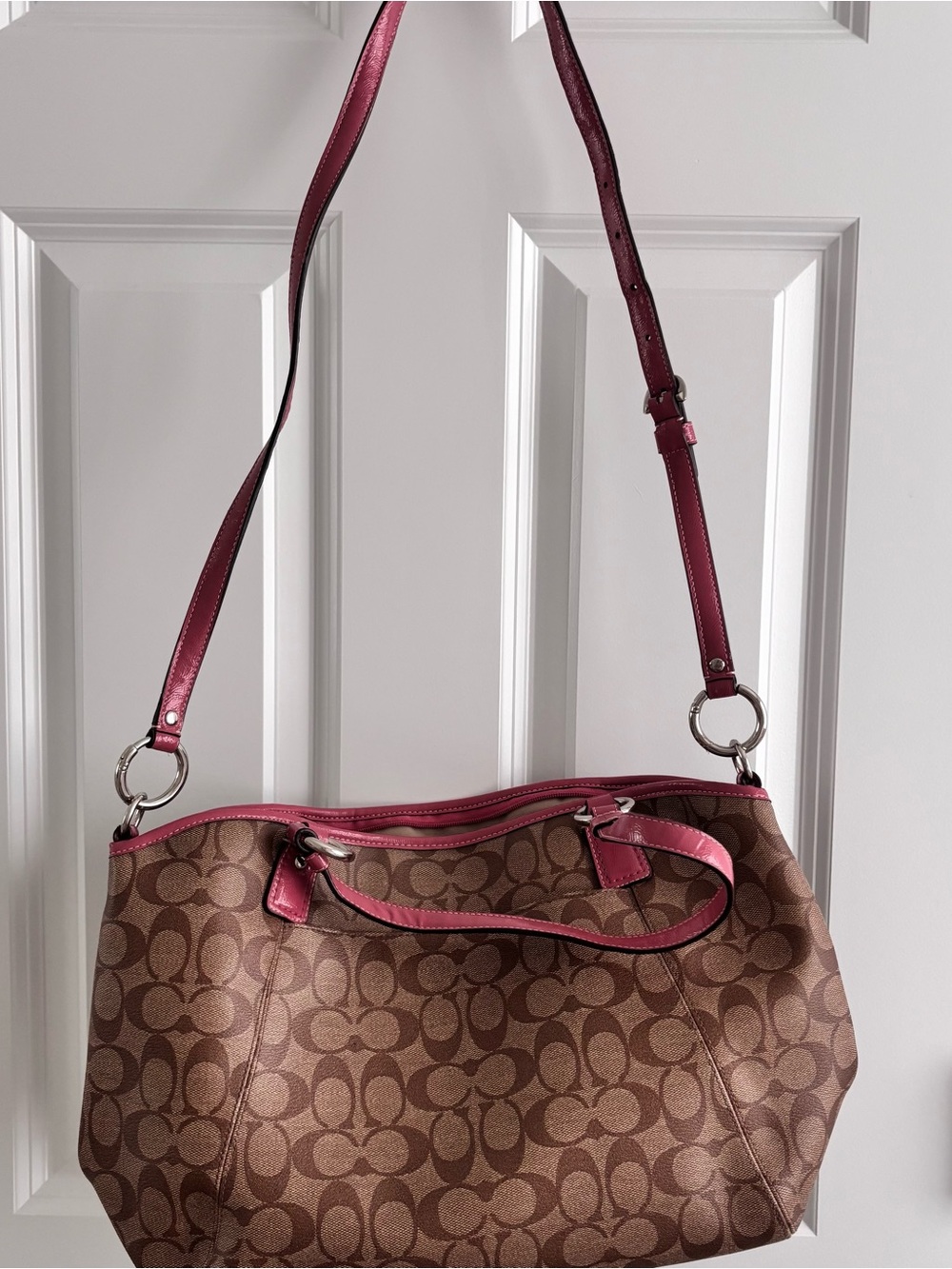 Coach Signature Peyton Tote with Pink Trim Canvas Purse Handbag - Picture 12 of 16